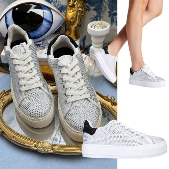 🆕 KURT GEIGER LONDON 🧿 NWOT Laney Silver Crystal Low Top Sneaker, Sz 40 US 9 - Picture 1 of 16